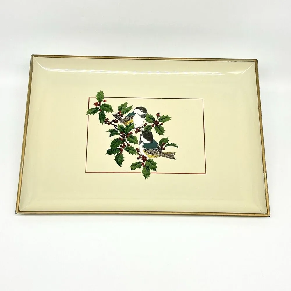 VTG Otagiri Japan Chickadees Lacquerware Serving Tray Holly Bird Christmas Plate